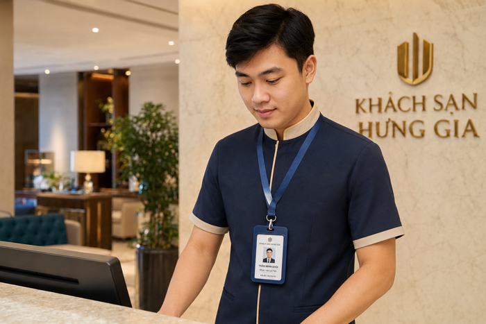 lễ tân khách sạn đeo thẻ nhân viên
