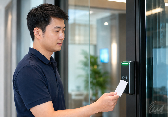nhân viên quét thẻ từ vào cửa