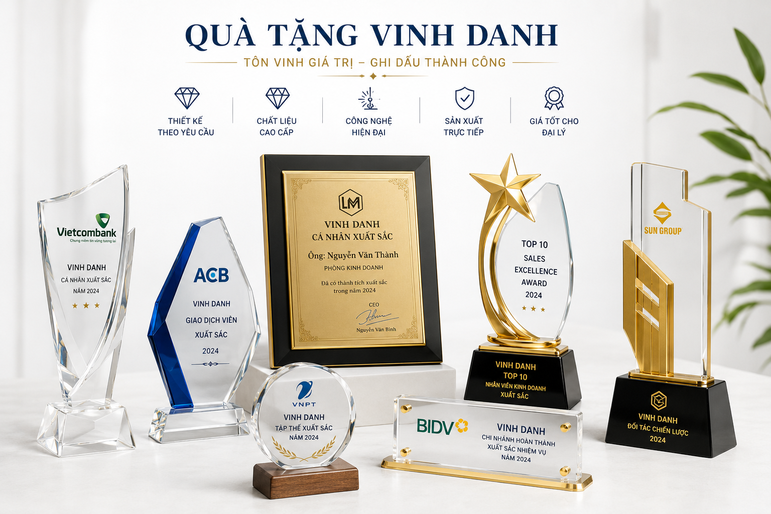 Kỷ niệm chương pha lê, cúp vinh danh, bảng vinh danh do Lê Minh sản xuất
